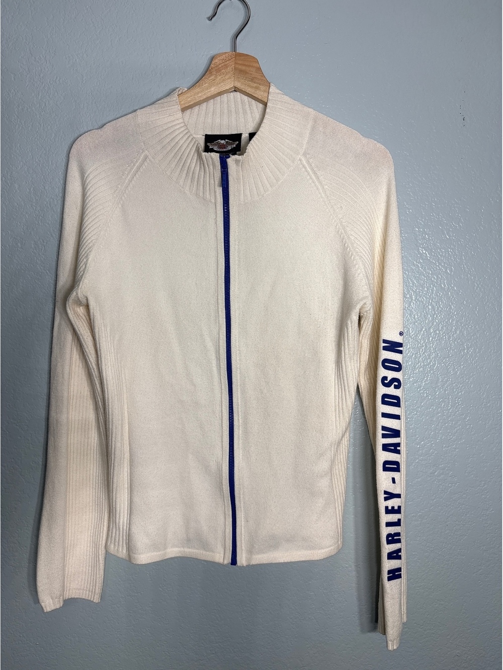 Vintage Harley Davidson sleeve block lettering sweater contrast zipper